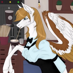 Size: 1024x1024 | Tagged: safe, artist:clouris, imported from derpibooru, oc, oc only, pegasus, pony, apron, barista, bowtie, clothes, drinking, ear fluff, pegasus oc, solo, wings