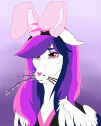 Size: 1200x1500 | Tagged: safe, artist:clouris, imported from derpibooru, oc, oc only, pegasus, pony, bunny ears, bust, clothes, eyelashes, female, gradient background, mare, pegasus oc, pussy willow, solo, wings