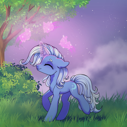 Size: 1920x1920 | Tagged: safe, artist:pinkerminty, imported from derpibooru, trixie, pony, unicorn, female, glowing, glowing horn, grass, horn, magic, solo, tree