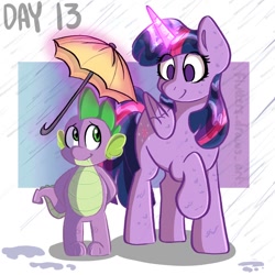 Size: 1080x1080 | Tagged: safe, artist:flutterpawss, imported from derpibooru, spike, twilight sparkle, alicorn, dragon, pony, cute, duo, female, glowing, glowing horn, horn, inktober 2022, magic, male, mama twilight, spikabetes, spikelove, telekinesis, twiabetes, twilight sparkle (alicorn), umbrella