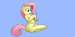 Size: 1366x685 | Tagged: safe, artist:mrabrickwall, imported from derpibooru, fluttershy, pegasus, pony, blue background, female, mare, simple background, sitting, wingless