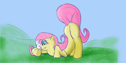 Size: 1366x685 | Tagged: safe, artist:mrabrickwall, imported from derpibooru, angel bunny, fluttershy, pegasus, pony, rabbit, animal, face down ass up, wingless