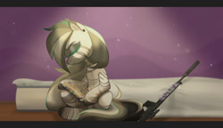 Size: 1280x738 | Tagged: safe, artist:emperor-anri, imported from derpibooru, oc, oc only, zebra, bed, book, eyelashes, eyes closed, gun, reading, rifle, sitting, solo, weapon, zebra oc