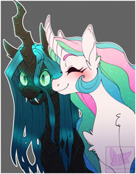 Size: 996x1280 | Tagged: safe, artist:pornypastel, imported from derpibooru, princess celestia, queen chrysalis, alicorn, changeling, changeling queen, pony, blushing, chryslestia, eyelashes, eyes closed, fangs, female, horn, lesbian, mare, open mouth, shipping