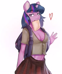 Size: 3284x3916 | Tagged: safe, artist:melkaya, imported from derpibooru, twilight sparkle, anthro, unicorn, absolute cleavage, bread, breasts, cleavage, clothes, female, food, looking at you, mare, midriff, mouth hold, reasonably sized breasts, simple background, solo, toast, white background