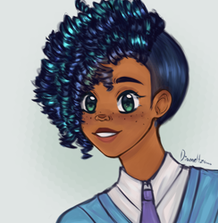 Size: 3527x3619 | Tagged: safe, artist:diameltzowo, imported from derpibooru, human, blacktober, bust, clothes, curly hair, cute, dark skin, detailed hair, female, freckles, g5, humanized, kinky hair, misty brightdawn, my little pony: a new generation, necktie, portrait, solo