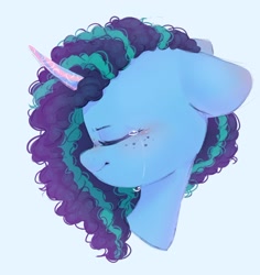 Size: 980x1037 | Tagged: safe, artist:melodylibris, imported from derpibooru, pony, unicorn, blue background, bust, crying, eyes closed, female, floppy ears, g5, mare, misty brightdawn, profile, simple background, solo