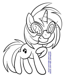 Size: 600x732 | Tagged: safe, artist:marybellamy, imported from derpibooru, dj pon-3, vinyl scratch, pony, chibi, lineart, monochrome, patreon, patreon reward, pose, requested art, simple background, smiling, solo, traditional art, white background