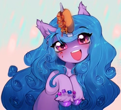 Size: 1559x1413 | Tagged: safe, artist:astralblues, imported from derpibooru, izzy moonbow, pony, unicorn, blushing, bracelet, ear fluff, eye clipping through hair, eyebrows, eyebrows visible through hair, female, food, friendship bracelet, g5, hoof fluff, hot dog, izzy impaling things, jewelry, ketchup, looking at you, meat, mustard, open mouth, open smile, ponytober, raised hoof, sauce, sausage, smiling, solo