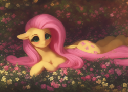 Size: 2048x1472 | Tagged: safe, imported from derpibooru, fluttershy, pegasus, pony, ai content, ai generated, blushing, cute, daaaaaaaaaaaw, female, floppy ears, flower, generator:purplesmart.ai, generator:stable diffusion, looking at you, lying down, mare, prone, shyabetes, solo