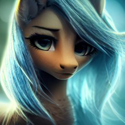 Size: 1024x1024 | Tagged: safe, editor:hawkeyethree, imported from derpibooru, oc, pony, ai content, ai generated, blue hair, bust, female, generator:purplesmart.ai, generator:stable diffusion, green eyes, looking at you, mare, portrait, solo