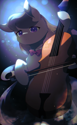 Size: 632x1024 | Tagged: safe, artist:merriie, imported from derpibooru, octavia melody, earth pony, bow, bow (instrument), bowtie, cello, cello bow, detailed background, musical instrument, solo