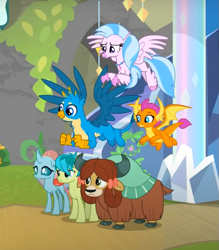 Size: 613x700 | Tagged: safe, imported from derpibooru, screencap, gallus, ocellus, sandbar, silverstream, smolder, yona, changedling, changeling, classical hippogriff, dragon, earth pony, griffon, hippogriff, pony, yak, uprooted, bow, cloven hooves, colored hooves, cropped, dragoness, female, hair bow, jewelry, male, monkey swings, necklace, spread wings, student six, treehouse of harmony, wings