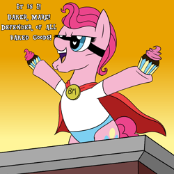 Size: 2500x2500 | Tagged: safe, artist:legendoflink, imported from derpibooru, pinkie pie, earth pony, pony, building, cape, chin, clothes, costume, cupcake, cute, dialogue, diapinkes, female, food, gradient background, heart eyes, hoof hold, mare, mask, open mouth, panties, pinktober, solo, superhero, superhero costume, underwear, wingding eyes
