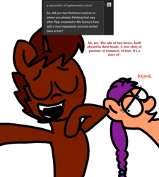 Size: 1275x1414 | Tagged: safe, artist:professorventurer, imported from derpibooru, sunny starscout, oc, oc:enrique, earth pony, pony, unicorn, series:ask pippamena, facial hair, g5, horn, implied lesbian, implied shipping, implied sunnypipp, interrupted, moustache, unicorn oc