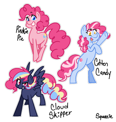 Size: 1198x1262 | Tagged: safe, artist:squeezemelittle, imported from derpibooru, pinkie pie, oc, oc:cloud skipper, oc:cotton candy, earth pony, pegasus, pony, kilalaverse, female, grandmother and grandchild, grandmother and granddaughter, grin, mare, mother and child, mother and daughter, offspring, offspring's offspring, open mouth, open smile, outline, parent:oc:cotton candy, parent:oc:prism bolt, parent:pinkie pie, parent:pokey pierce, parents:oc x oc, parents:pokeypie, rearing, signature, simple background, smiling, transparent background, trio, white outline