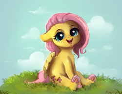 Size: 3476x2688 | Tagged: safe, artist:miokomata, imported from derpibooru, fluttershy, pegasus, pony, colored hooves, cute, daaaaaaaaaaaw, female, floppy ears, freckles, freckleshy, happy, high res, looking at you, mare, miokomata is trying to murder us, open mouth, open smile, shyabetes, sitting, smiling, smiling at you, solo, underhoof, weapons-grade cute