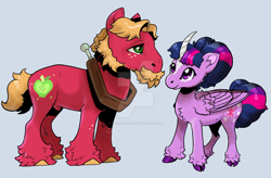Size: 1920x1261 | Tagged: safe, artist:sandieflower, imported from derpibooru, big macintosh, twilight sparkle, alicorn, earth pony, pony, beard, colored horn, curved horn, deviantart watermark, duo, duo male and female, facial hair, female, gray background, horn, male, mare, nudity, obtrusive watermark, sheath, shipping, simple background, stallion, straight, twilight sparkle (alicorn), twimac, unshorn fetlocks, watermark