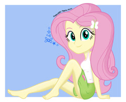 Size: 995x803 | Tagged: safe, artist:kingdark0001, imported from derpibooru, fluttershy, human, equestria girls, barefoot, big head, breasts, busty fluttershy, butterfly hairpin, clothes, cute, feet, female, legs, looking at you, shyabetes, skirt, smiling, smiling at you, solo