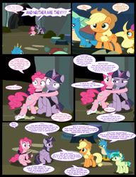 Size: 1042x1358 | Tagged: safe, artist:dendoctor, imported from derpibooru, applejack, gallus, mean twilight sparkle, pinkie pie, sandbar, smolder, twilight sparkle, yona, alicorn, dragon, earth pony, griffon, pony, yak, comic:clone.., alternate universe, bag, clone, comic, everfree forest, female, g4, mare, pinkie clone, saddle bag, twilight sparkle (alicorn)