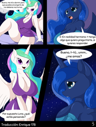 Size: 1480x1971 | Tagged: safe, artist:suirano, derpibooru exclusive, edit, editor:enrique zx, imported from derpibooru, princess celestia, princess luna, alicorn, anthro, unguligrade anthro, comic:lunar love, big breasts, breasts, cleavage, clothes, comic, female, huge breasts, incest, lesbian, night, princest, shipping, siblings, sisters, skirt, spanish, spanish text, translation, translator:enrique zx, upskirt