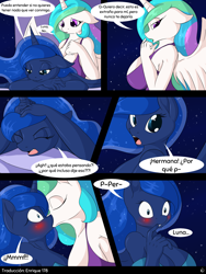 Size: 1480x1971 | Tagged: safe, artist:suirano, derpibooru exclusive, edit, editor:enrique zx, imported from derpibooru, princess celestia, princess luna, alicorn, anthro, unguligrade anthro, comic:lunar love, big breasts, blushing, breasts, busty princess celestia, busty princess luna, cleavage, comic, female, huge breasts, incest, kiss on the lips, kissing, lesbian, night, princest, shipping, siblings, sisters, spanish, spanish text, surprise kiss, translation, translator:enrique zx