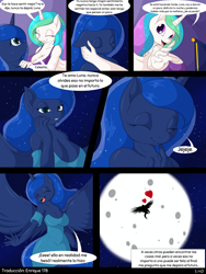 Size: 1480x1971 | Tagged: safe, artist:suirano, derpibooru exclusive, edit, editor:enrique zx, imported from derpibooru, princess celestia, princess luna, alicorn, anthro, unguligrade anthro, comic:lunar love, big breasts, breasts, busty princess celestia, busty princess luna, cleavage, comic, cute, female, floating heart, heart, incest, lesbian, lunabetes, night, princest, shipping, siblings, sisters, spanish, spanish text, translation, translator:enrique zx