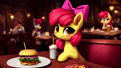 Size: 2048x1152 | Tagged: safe, imported from derpibooru, apple bloom, earth pony, human, pony, ai content, ai generated, apple bloom's bow, blushing, booth, bow, burger, female, filly, foal, food, french fries, generator:stable diffusion, hair bow, hamburger, looking at you, mare, milkshake, offscreen character, plate, pov, restaurant, smiling, straw
