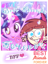 Size: 768x1024 | Tagged: safe, artist:paintgreencolor19, imported from derpibooru, twilight sparkle, alicorn, human, pony, my little pony: the movie, best friends, bff, clothes, female, forever, hashtag, hat, heart, horn, male, shirt, smiling, sparkles, spread wings, tara strong, text, the fairly oddparents, timmy turner, twilight sparkle (alicorn), voice actor joke, wings