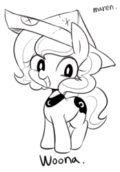 Size: 1216x1751 | Tagged: safe, artist:maren, imported from derpibooru, princess luna, pony, moonstuck, 2014, cartographer's cap, female, filly, grin, hat, looking at you, old art, sketch, smiling, solo, woona, younger