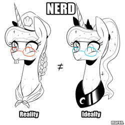 Size: 2000x2000 | Tagged: safe, artist:maren, imported from derpibooru, princess luna, alicorn, pony, 2015, alternate hairstyle, braid, bucktooth, bust, caption, female, freckles, glasses, hat, high res, image macro, mare, monochrome, nerd, old art, partial color, portrait, solo, text