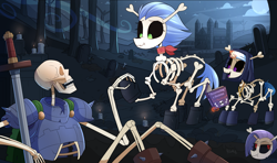 Size: 2985x1765 | Tagged: safe, artist:nignogs, imported from derpibooru, imported from ponybooru, skellinore, oc, oc:anon, human, pony, skeleton pony, undead, the break up breakdown, armor, bone, book, candle, canon x oc, grave, gravestone, graveyard, magic, marriage, necromancy, night, nun, reversed gender roles equestria, reversed gender roles equestria general, skeleton, sword, telekinesis, weapon