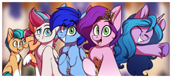 Size: 3286x1496 | Tagged: safe, artist:notetaker, imported from derpibooru, hitch trailblazer, izzy moonbow, pipp petals, sunny starscout, zipp storm, oc, oc:duskblue, earth pony, pegasus, pony, unicorn, blurry background, female, g5, male, mane five (g5), mare, stallion