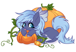 Size: 1280x870 | Tagged: safe, artist:vi45, imported from derpibooru, oc, oc only, pegasus, bow, female, hair bow, looking at you, lying down, mare, prone, pumpkin, raspberry, simple background, smiling, solo, tongue out, white background