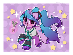Size: 5208x3912 | Tagged: safe, artist:kittyrosie, imported from derpibooru, izzy moonbow, pony, unicorn, abstract background, absurd resolution, anime, clothes, cosplay, costume, crossover, cute, female, g5, hatsune miku, izzybetes, leek, mare, open mouth, solo, stars, unshorn fetlocks, vocaloid
