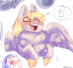 Size: 500x462 | Tagged: safe, artist:creatorsmask, imported from derpibooru, derpy hooves, pegasus, pony, blushing, cheek fluff, chest fluff, cloven hooves, cute, derpabetes, female, fluffy, impossibly large chest fluff, mare, open mouth, open smile, simple background, sketch, smiling, solo, spread wings, unshorn fetlocks, white background, wings
