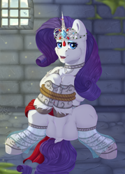 Size: 2928x4094 | Tagged: safe, artist:creed larsen, imported from derpibooru, rarity, unicorn, armor, clothes, commission, dungeon, frog (hoof), jewelry, looking at you, regalia, rope, smiling, solo, tiara, underhoof, ych result