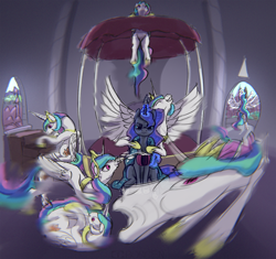 Size: 2040x1921 | Tagged: safe, artist:ciborgen, imported from derpibooru, princess celestia, princess luna, alicorn, pony, bed, bedroom, blanket, coffee mug, duo, faic, female, hat, horn, horn cap, hyperactive, levitation, luna is not amused, magic, majestic as fuck, mare, mug, nightcap, rolling, silly, smear frame, spread wings, telekinesis, unamused, wings, zoomies