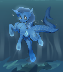 Size: 1992x2272 | Tagged: safe, artist:azaani, imported from derpibooru, oc, oc only, oc:fingerling, earth pony, hybrid, original species, pony, shark, cloven hooves, male, solo, swimming, underwater, water