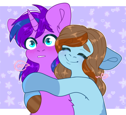 Size: 1600x1467 | Tagged: safe, artist:etoz, imported from derpibooru, oc, oc only, oc:cyan nova fae, oc:sertpony, earth pony, pony, unicorn, blushing, commission, cute, embarrassed, eyebrows, eyebrows visible through hair, eyes closed, heart, horn, hug, shy, smiling, snuggling, surprised, unicorn oc, ych result