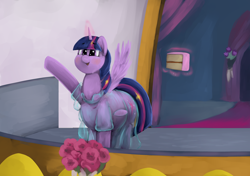 Size: 3120x2196 | Tagged: safe, alternate version, artist:lupin quill, imported from derpibooru, twilight sparkle, alicorn, pony, balcony, belly, big belly, blushing, cake, chubby, chubby cheeks, clothes, dialogue, dress, eyebrows, eyebrows visible through hair, fat, fat fetish, feedee, female, fetish, flower, food, implied weight gain, levitation, magic, nervous, open mouth, see-through, solo, spread wings, sweat, sweatdrop, telekinesis, textless version, the ass was fat, twilard sparkle, twilight sparkle (alicorn), wardrobe malfunction, waving, wingboner, wings