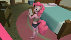 Size: 1920x1080 | Tagged: safe, artist:sketchmcreations, derpibooru exclusive, imported from derpibooru, pinkie pie, anthro, plantigrade anthro, 3d, bed, bedroom, booty shorts, box, clothes, female, looking at you, looking back, looking back at you, open mouth, pinkie's bedroom, sandals, smiling, solo, source filmmaker, sugarcube corner, tanktop