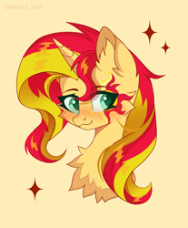 Size: 1544x1865 | Tagged: safe, artist:belkaart0w0, imported from derpibooru, sunset shimmer, pony, unicorn, blushing, bust, chest fluff, cute, ear fluff, eyebrows, eyebrows visible through hair, female, mare, shimmerbetes, simple background, solo, sparkles, yellow background