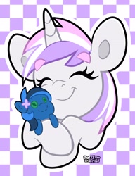 Size: 2854x3719 | Tagged: safe, artist:partylikeanartist, imported from derpibooru, oc, oc only, pony, unicorn, checkered background, cute, eyes closed, female, hug, mare, plushie, smiling