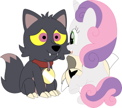 Size: 3533x3147 | Tagged: safe, artist:porygon2z, imported from derpibooru, sweetie belle, pony, unicorn, broken horn, collar, crossover, cute, diasweetes, horn, king clawthorne, pet tag, show accurate, simple background, sitting, skull, the owl house, titan, transparent background, unmasked