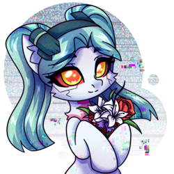 Size: 2500x2500 | Tagged: safe, artist:cyborg-steve, artist:fluffywhirlpool, imported from derpibooru, cyborg, earth pony, pony, anime, bouquet, bouquet of flowers, bust, cute, cyberpunk, cyberpunk 2077, cyberpunk: edgerunners, error, eyebrows, eyebrows visible through hair, female, flower, glitch, looking at you, mare, pigtails, ponified, rebecca (cyberpunk: edgerunners), smiling, smiling at you, solo, twintails