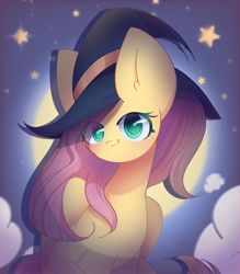 Size: 2100x2400 | Tagged: safe, artist:miryelis, imported from derpibooru, fluttershy, pegasus, pony, big ears, cloud, cute, hat, long hair, looking at you, shyabetes, sitting, smiling, smiling at you, solo, stars, witch hat