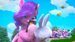 Size: 2388x1341 | Tagged: safe, imported from derpibooru, screencap, pipp petals, bird, pegasus, pony, rabbit, spoiler:g5, spoiler:my little pony: make your mark chapter 2, spoiler:myms01e05, animal, cellphone, flower, g5, my little pony: make your mark, my little pony: make your mark chapter 2, phone, solo, the cutie mark mix-up