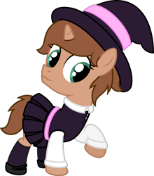 Size: 2340x2656 | Tagged: safe, artist:peternators, imported from derpibooru, oc, oc only, oc:heroic armour, pony, unicorn, clothes, colt, costume, crossdressing, fake eyelashes, foal, halloween, halloween costume, hat, holiday, male, mary janes, nightmare night, nightmare night costume, ponytail, raised leg, shirt, shoes, simple background, skirt, smiling, socks, solo, transparent background, witch, witch costume, witch hat