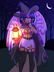 Size: 1800x2400 | Tagged: safe, artist:mylittleyuri, imported from derpibooru, twilight sparkle, alicorn, human, alicorn humanization, belt, blushing, cape, choker, clothes, corset, costume, cute, dark skin, elf ears, fangs, female, garter belt, halloween, halloween costume, hat, holiday, horned humanization, humanized, lantern, moon, night, socks, solo, stars, stockings, thigh highs, twiabetes, twilight sparkle (alicorn), winged humanization, witch, witch costume, witch hat